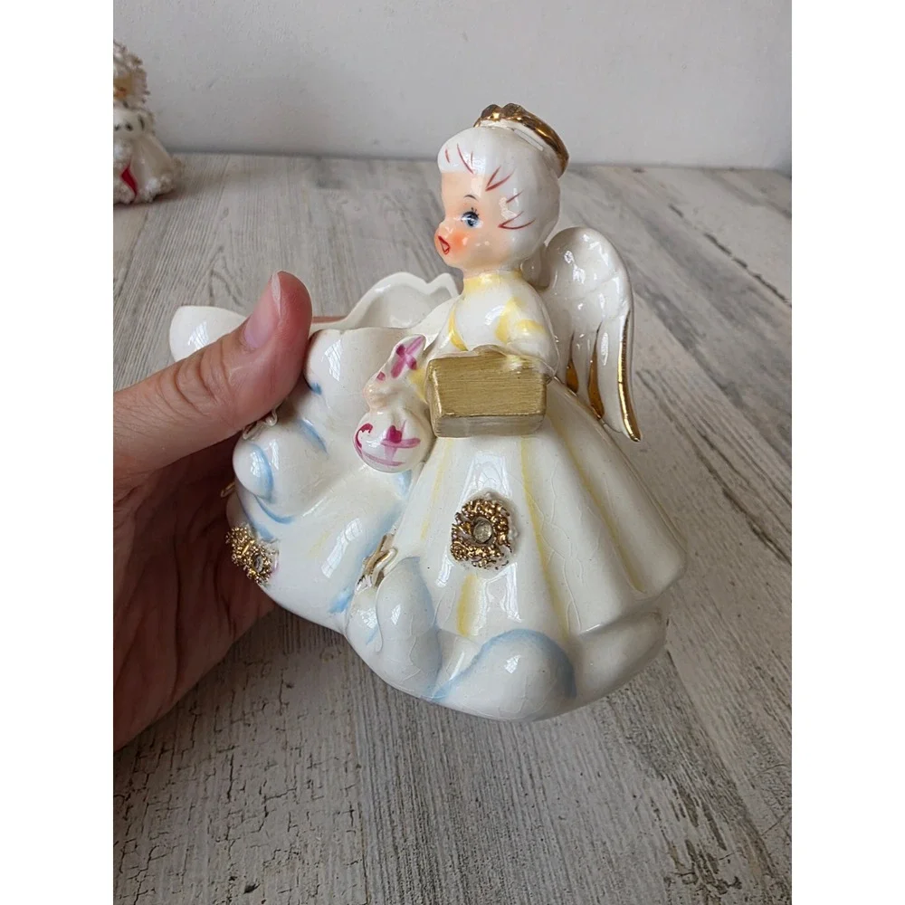 Vintage lefton 1957 Angel planter ceramic cherub girl lady gold 165 figurine